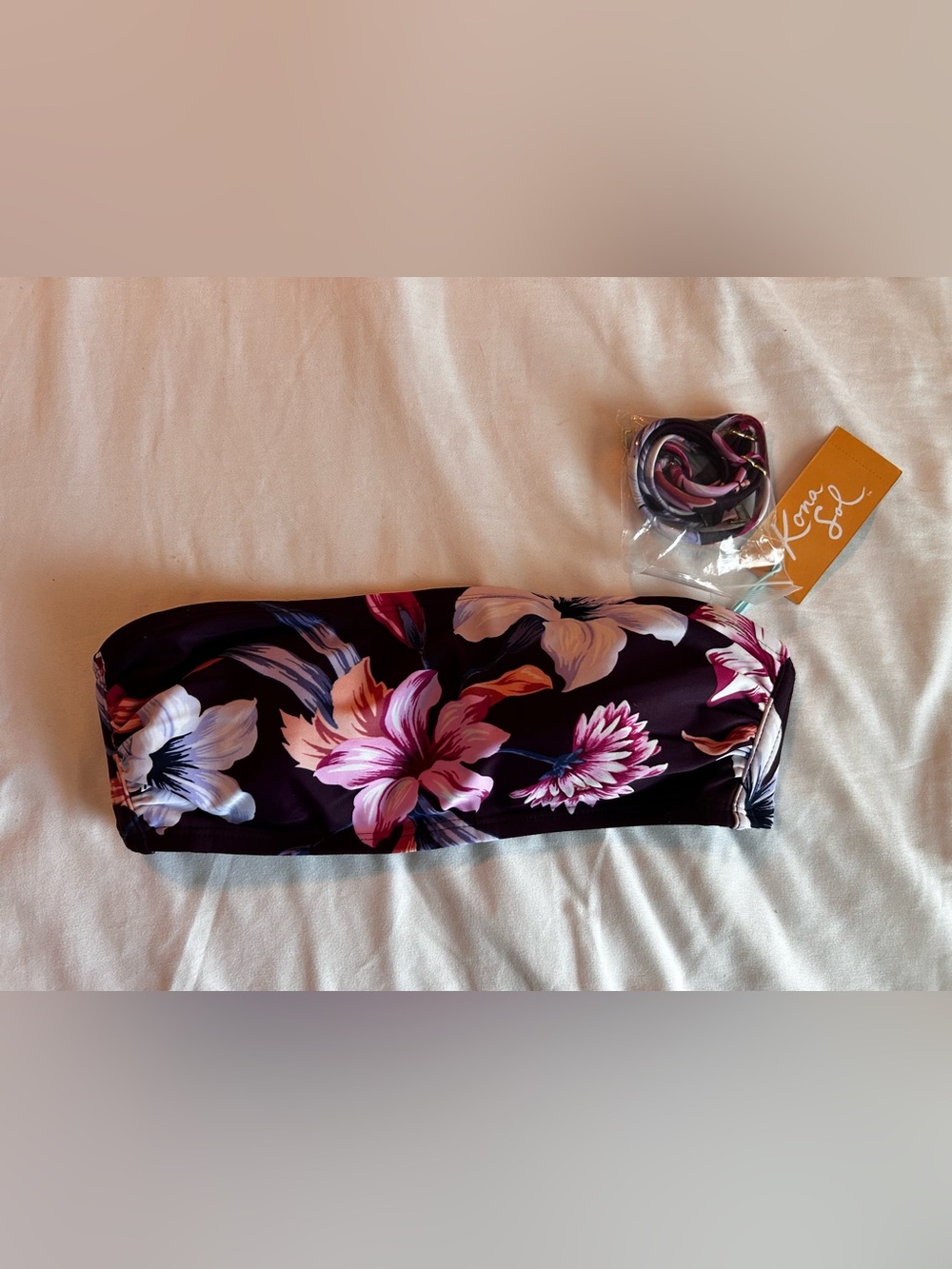 Kona Sol | Plum Floral Bandeau Bikini Top with Pink & White Flowers - Picture 2 of 5